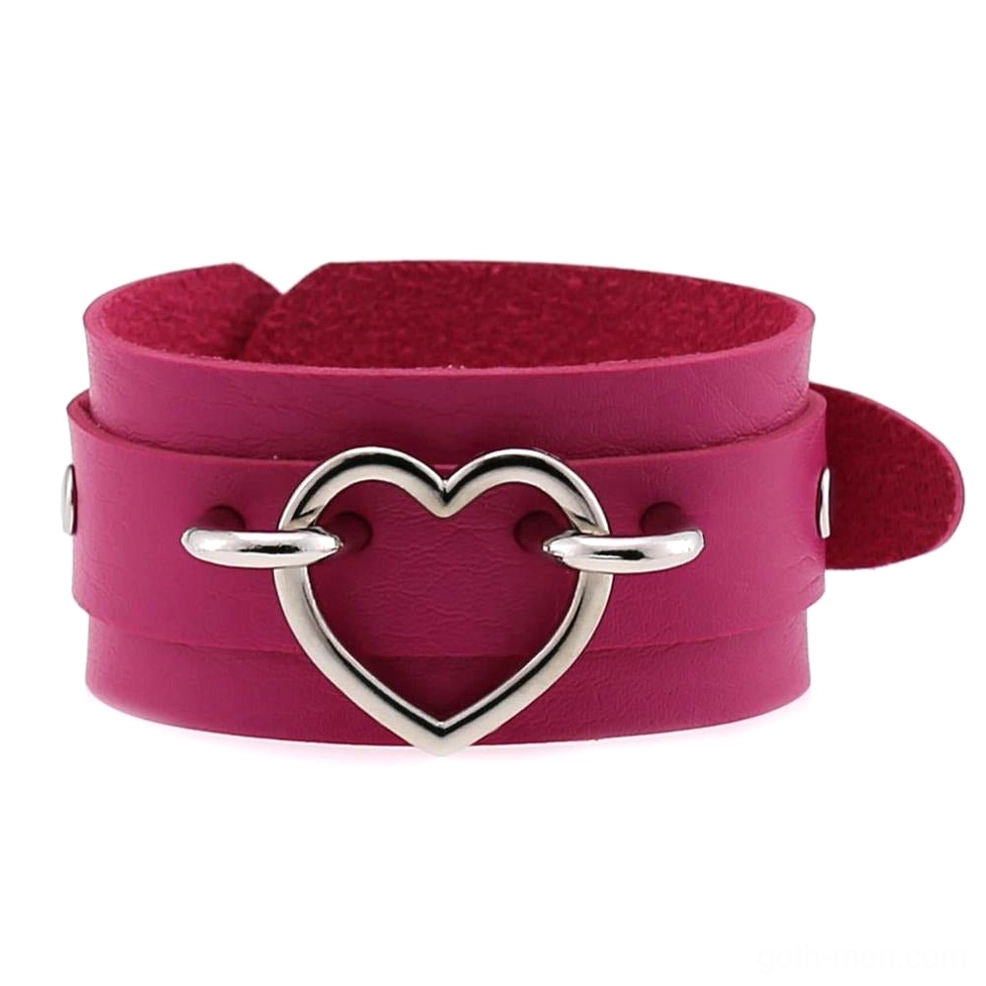 Rose pink double-layer leather heart cuff bracelet with silver heart metal decor, alternative fashion statement bracelet