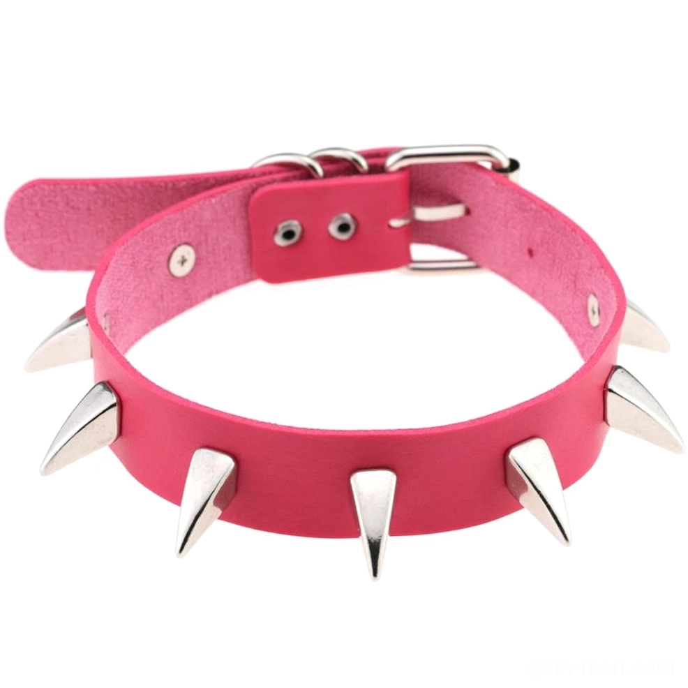 Rose pink spiked leather choker with silver spikes romantic gothic style