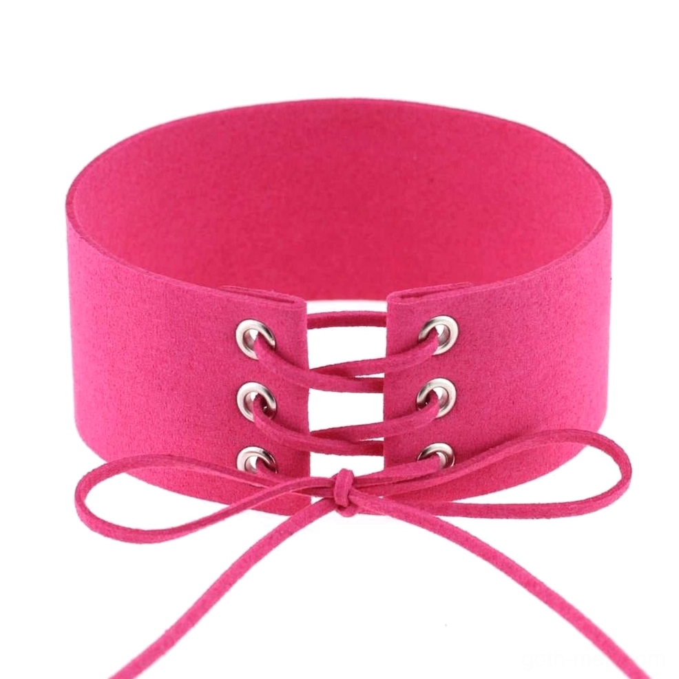 Rose pink suede velvet choker with metal grommet lace-up construction