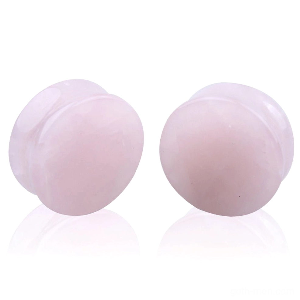 Rose quartz stone ear gauges with double-flared design, pale pink polished natural quartz flesh tunnels for gothic body jewelry