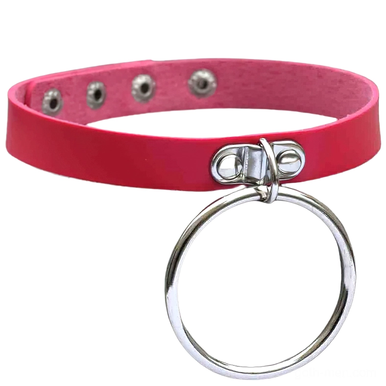 Rose red gothic choker featuring double-layer leather strap and silver padlock design