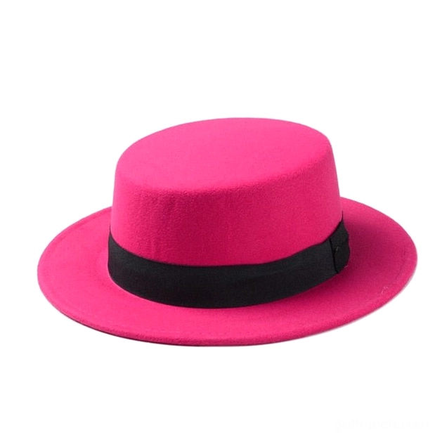Rose red wool felt gothic fedora with flat crown structure and black satin band, front facing view
