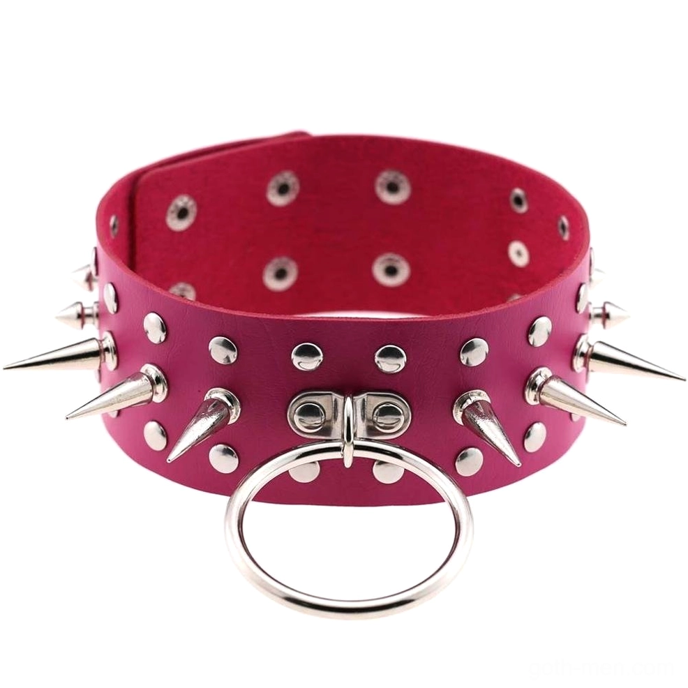 Rose red oversized leather choker with metal spike accents front display on white background