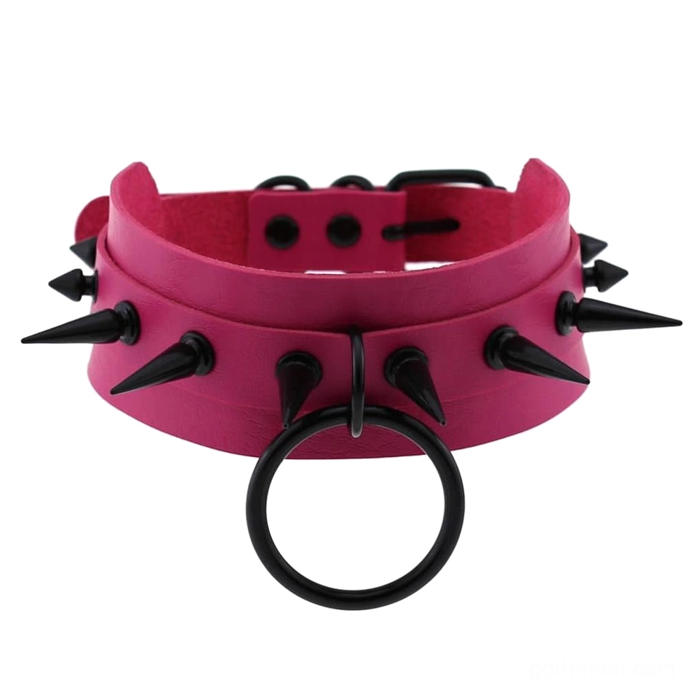 Rose red spiked leather choker with adjustable buckle and metal O-ring - gothic accessory