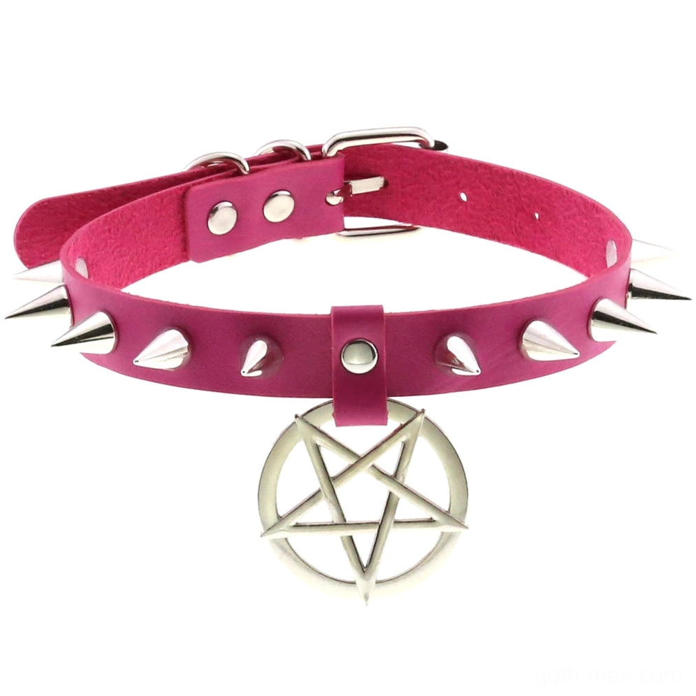 Rose colored spiked leather choker featuring pentagram pendant and silver studs