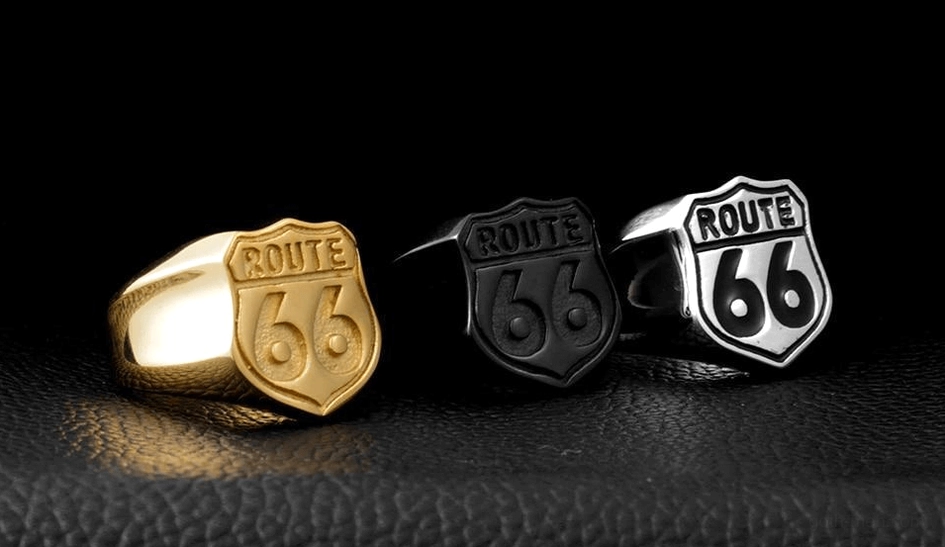 Route 66 shield emblem stainless steel ring, full band profile showing width and polish quality