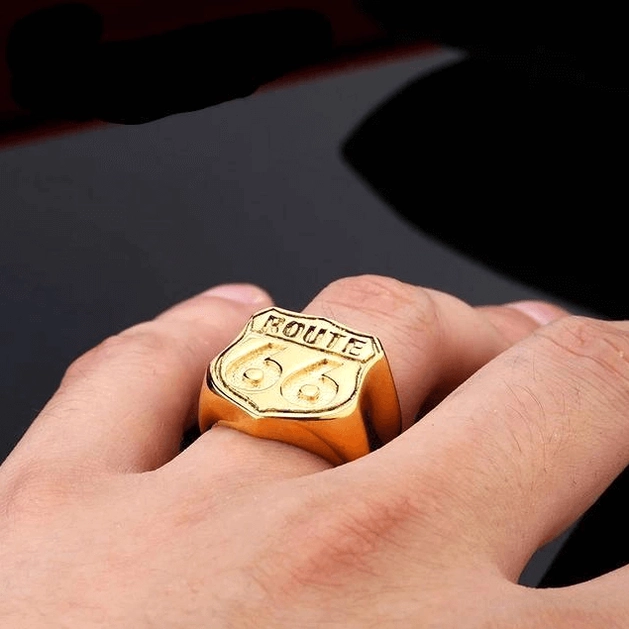 Route 66 stainless steel gothic ring, detailed view of embossed shield emblem and band craftsmanship