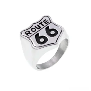 Route 66 gothic shield biker ring in polished silver stainless steel, top-front oblique view on white background