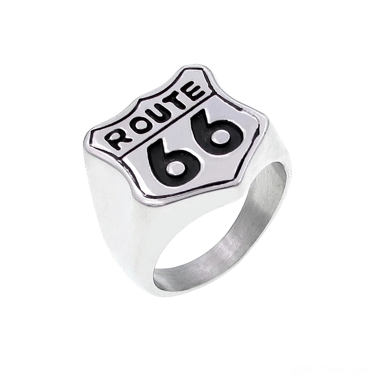 Route 66 gothic shield biker ring in polished silver stainless steel, top-front oblique view on white background