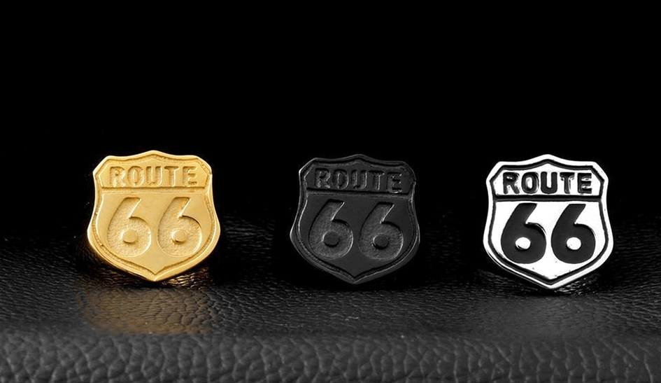 Route 66 gothic biker ring in multiple finish options, lifestyle shot showcasing alternative fashion jewelry