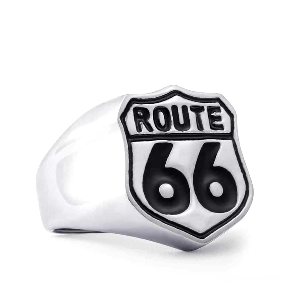 Two-tone Route 66 stainless steel ring with black enamel highway sign details, side profile view