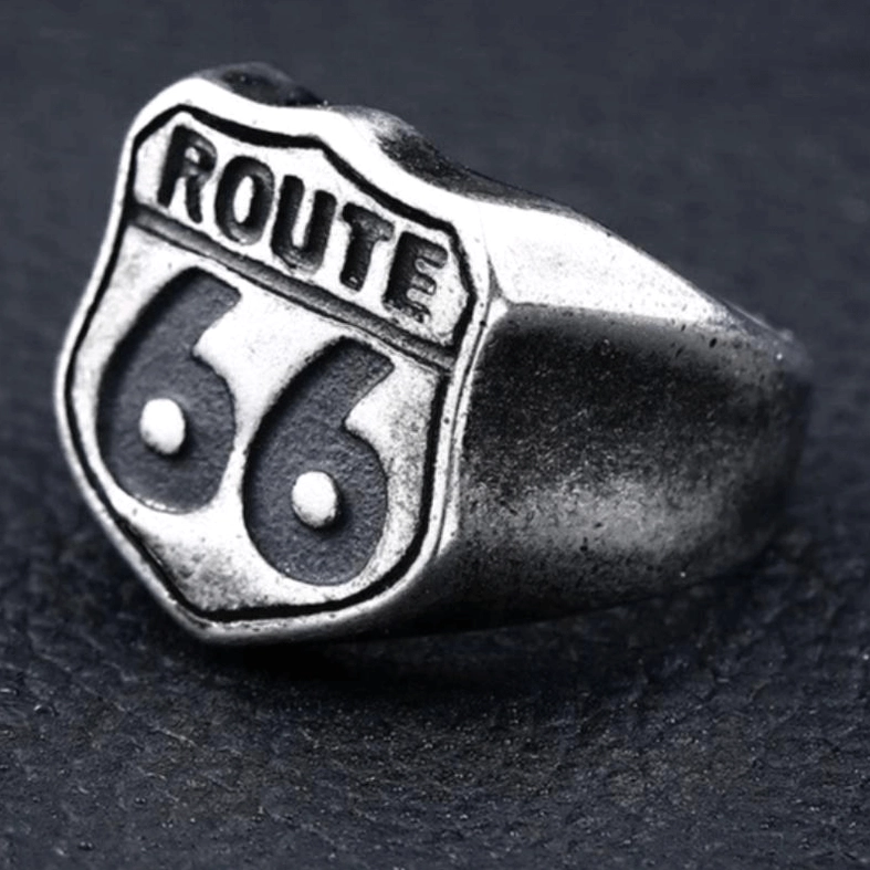 Vintage distressed Route 66 ring with aged blackened stainless steel finish and matte worn texture