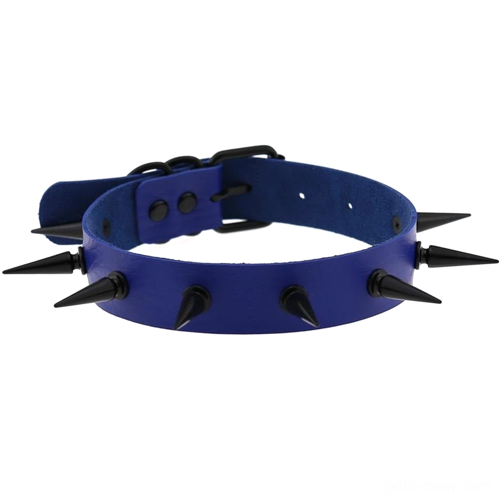 Royal blue leather gothic choker with geometric spike arrangement, angled top view