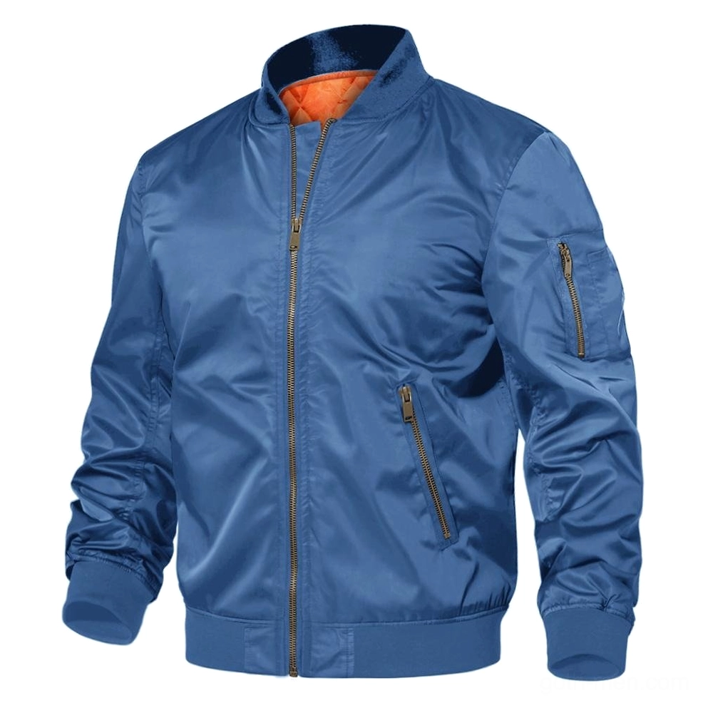 Royal blue MA-1 bomber jacket with bright outer fabric and visible orange quilted lining - gothic flight wear