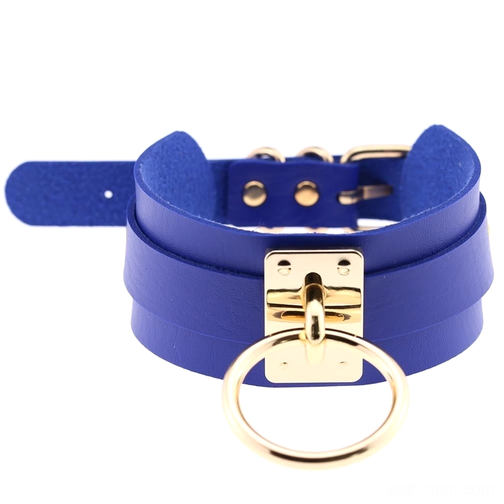 Royal blue PU leather bondage choker with double-layered straps and polished gold metal hardware