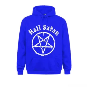 Royal blue satanic hoodie with white dripping gothic logo and pentagram design, unisex alternative fashion streetwear