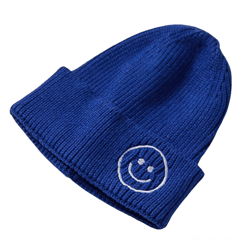 Royal blue ribbed knit beanie with white outlined smiley embroidery, gothic fashion