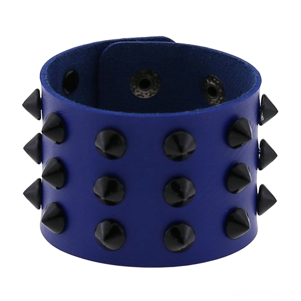 Royal blue vegan leather wide spike bracelet front display with black cone spike details