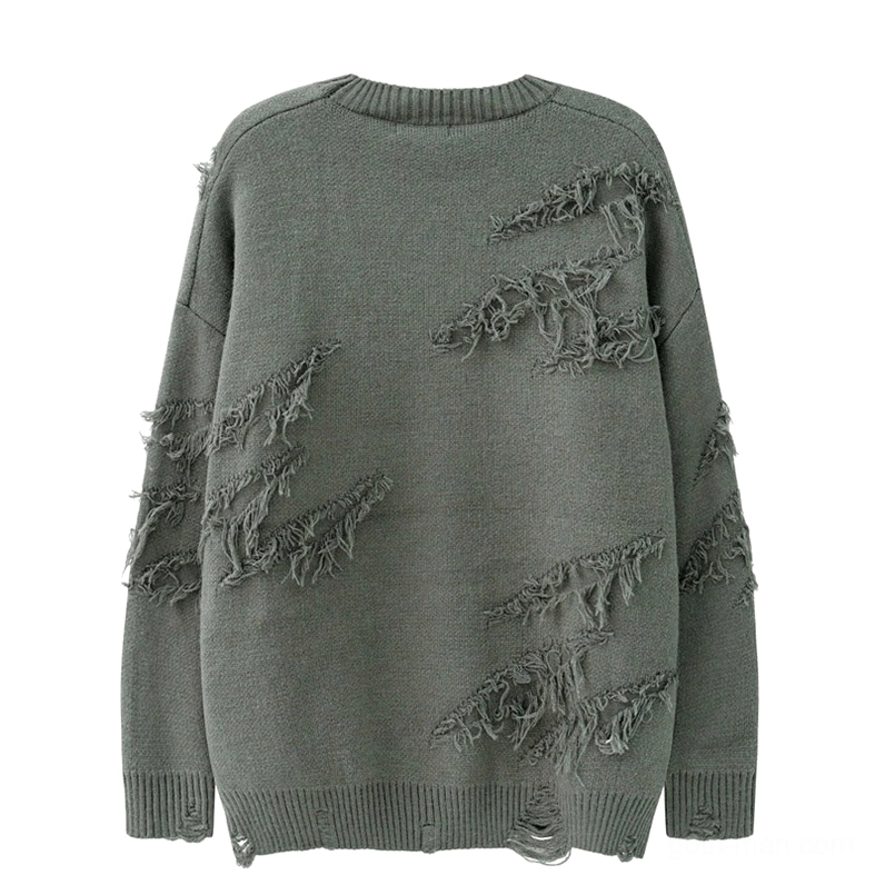 Sage green distressed gothic knit jumper back view with frayed slash patterns