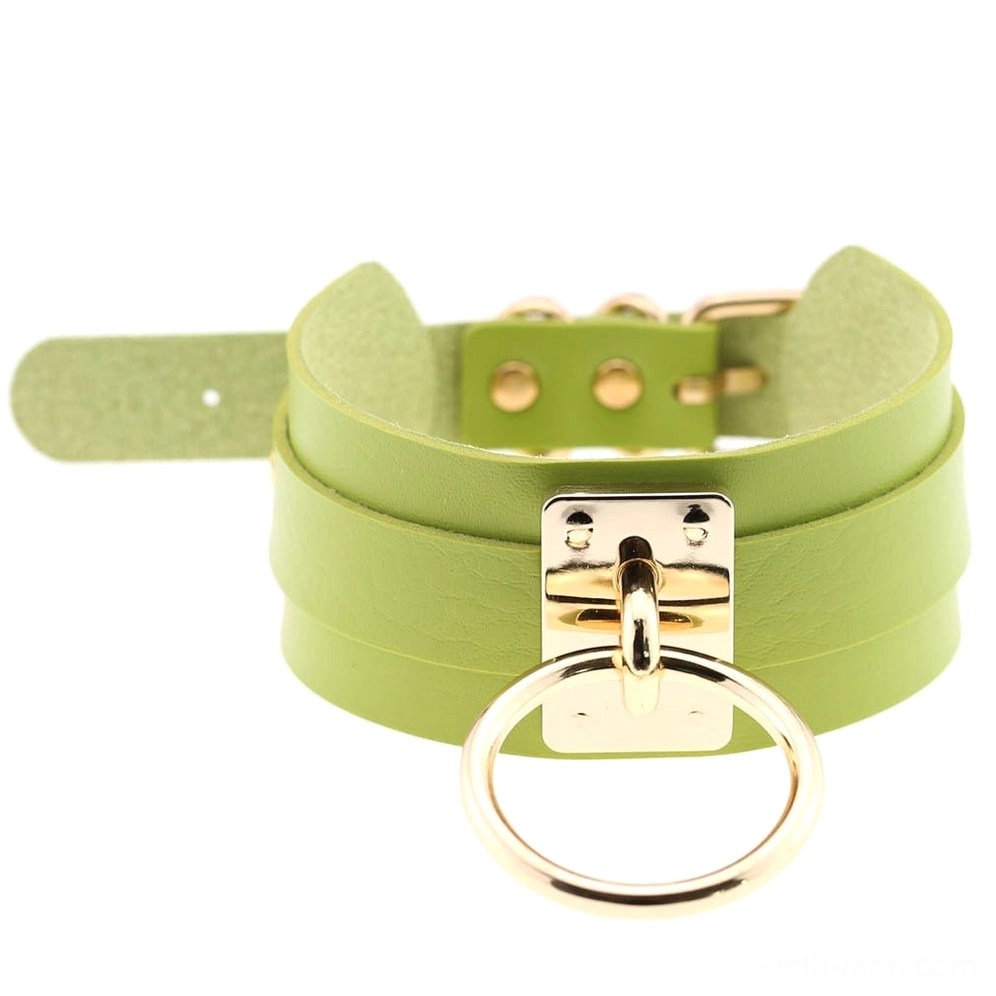 Sage green muted PU leather bondage choker with adjustable buckle strap and gold metal accents