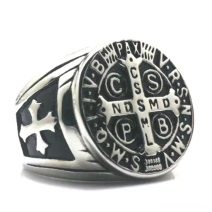 Saint Benedict black gothic cross ring three-quarter view showing engraved religious symbols