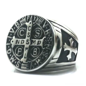 Front view of black Saint Benedict protection ring with CSPB NDSMD Latin inscriptions