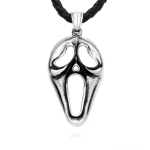 Screaming face gothic pendant necklace stainless steel front view with black leather cord chain
