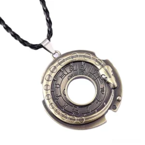 Serpent rune gothic pendant necklace with braided leather rope, bronze metal antique finish featuring constellation engravings and snake motif on white background