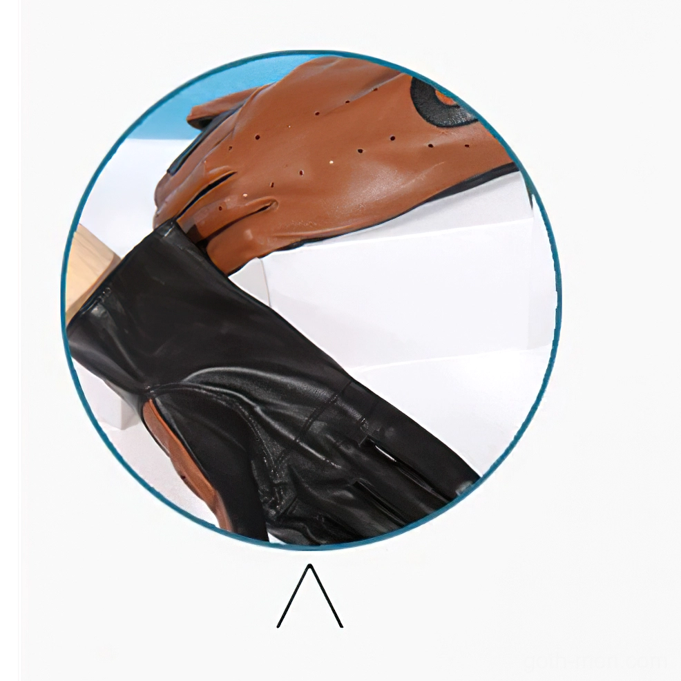 Two-tone brown and black sheepskin riding gloves, close-up circular studio shot with white background, perforated breathable detail