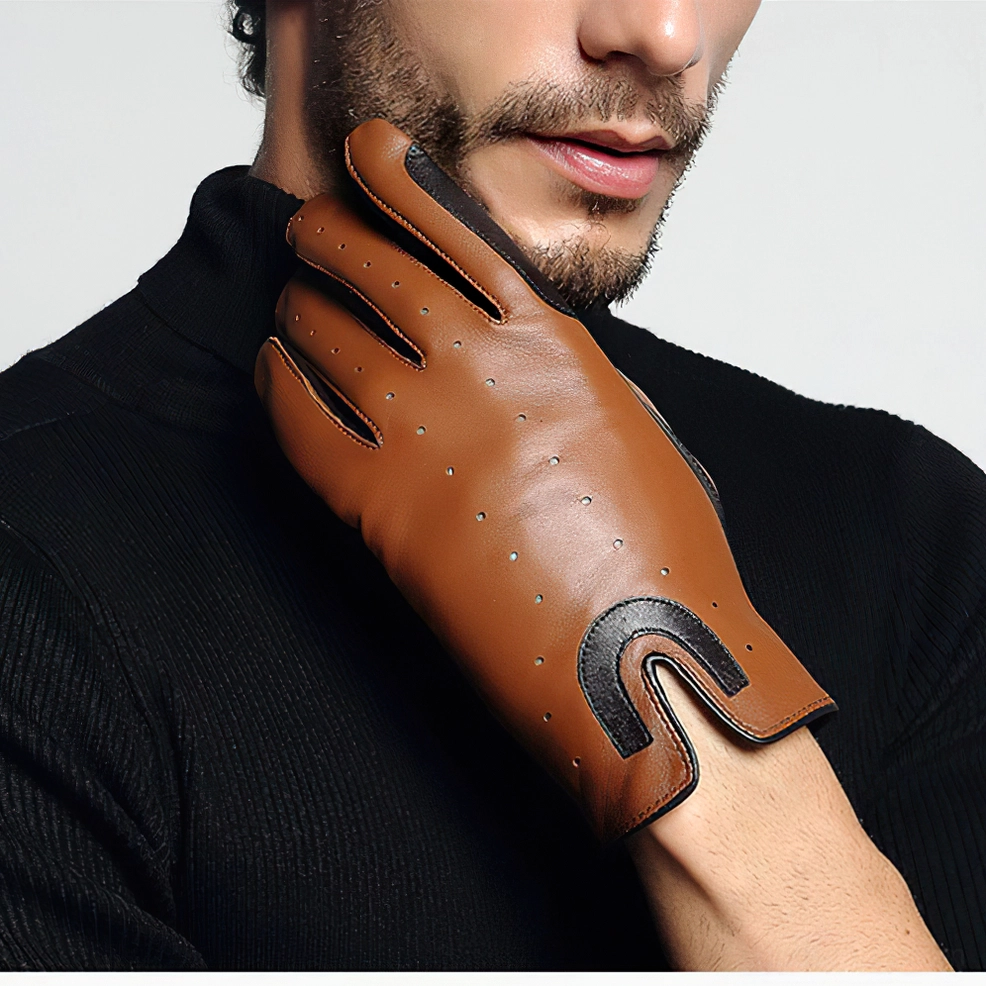 Brown sheepskin riding gloves product display, showing perforated ventilation design and black decorative details, studio setting