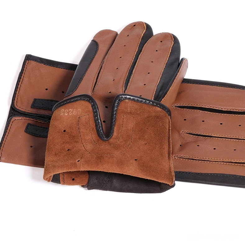 Two-tone brown and black sheepskin riding gloves, flat lay overhead view, suede palm area and curved wrist opening details