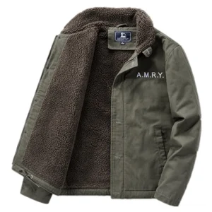 Army green sherpa-lined military jacket with stand collar, thick fleece interior visible, front flat product shot on white background