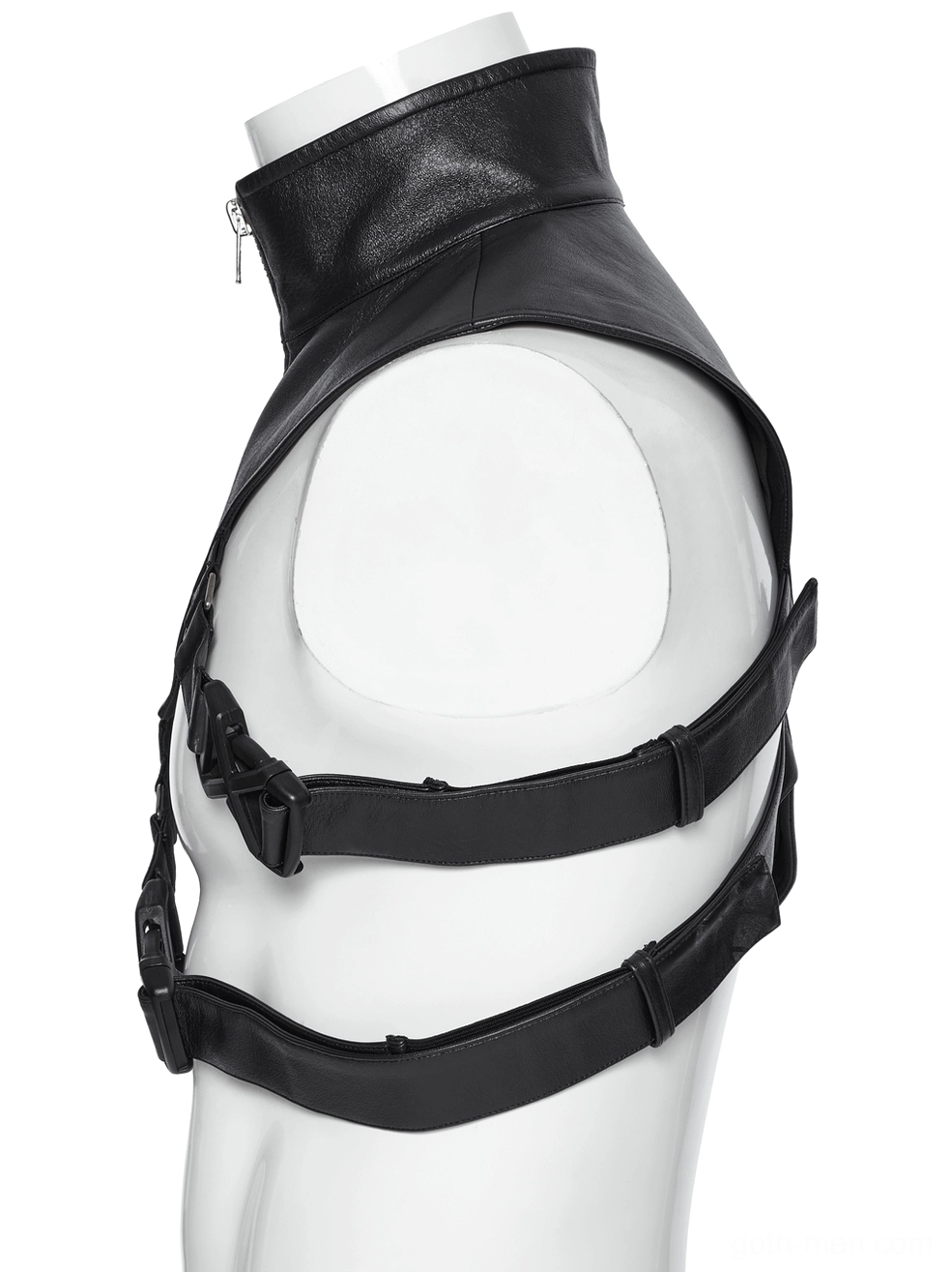 Side view of gothic shoulder armor showing dual adjustable waist straps and form-fitting cut on mannequin