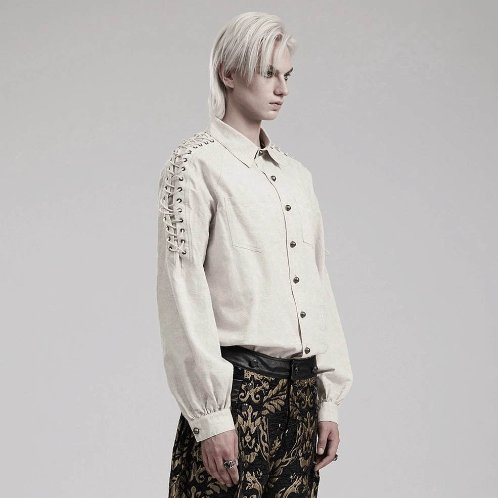 Detailed view of eyelet chain linen shirt shoulder lace-up accents and button-down front placket