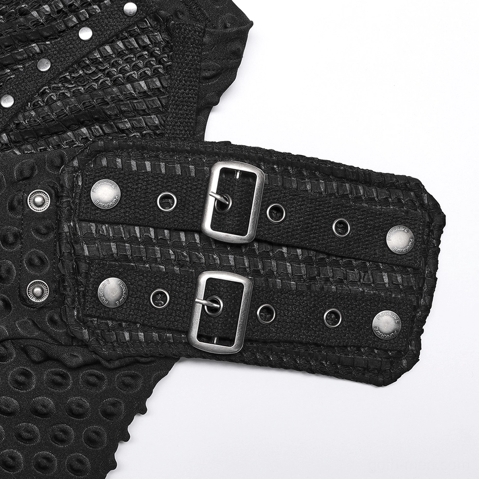 Close-up of adjustable buckle shoulder strap with metal rivets and black webbing on gothic tactical tee