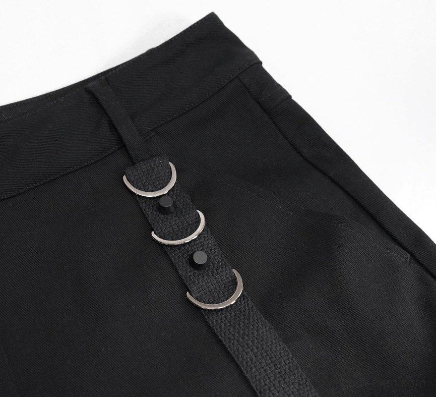 Side strap component of black rivet mesh shorts with metal D-rings and woven fabric