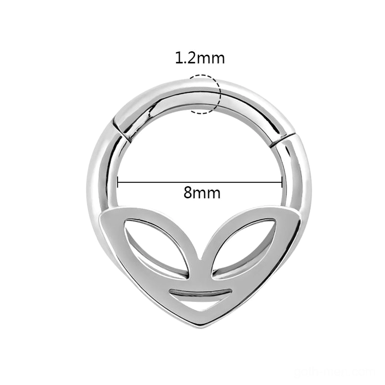 Sized silver alien clicker nose ring 8mm diameter - professional close-up showing dimensions and hinged segment mechanism