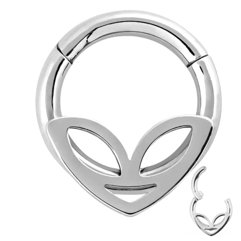 Silver alien nose ring with detachable hinged segment - polished finish stainless steel clicker