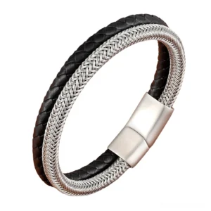 Silver-grey woven genuine leather gothic magnetic bracelet with stainless steel magnetic clasp, side view detail shot
