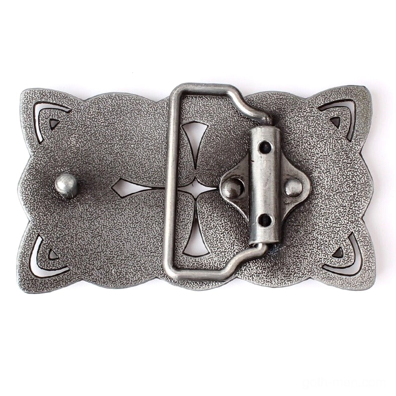 Silver Celtic belt buckle rear side showing textured metal surface and hardware