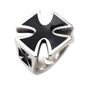 Silver gothic Celtic cross stainless steel biker ring with black enamel inlay overhead view