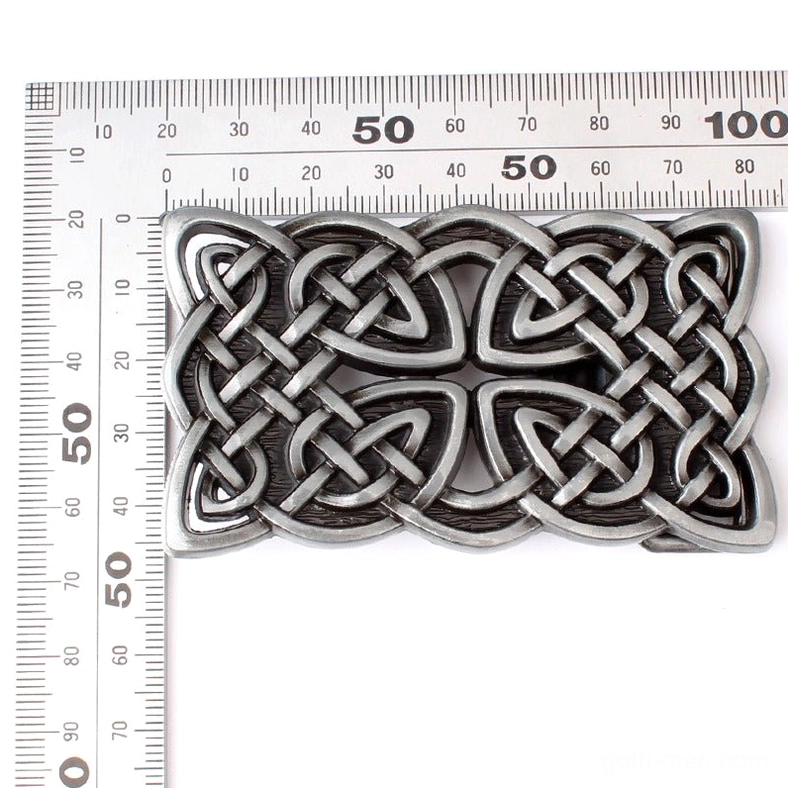 Silver-toned Celtic cross gothic belt buckle with size measurement scale reference