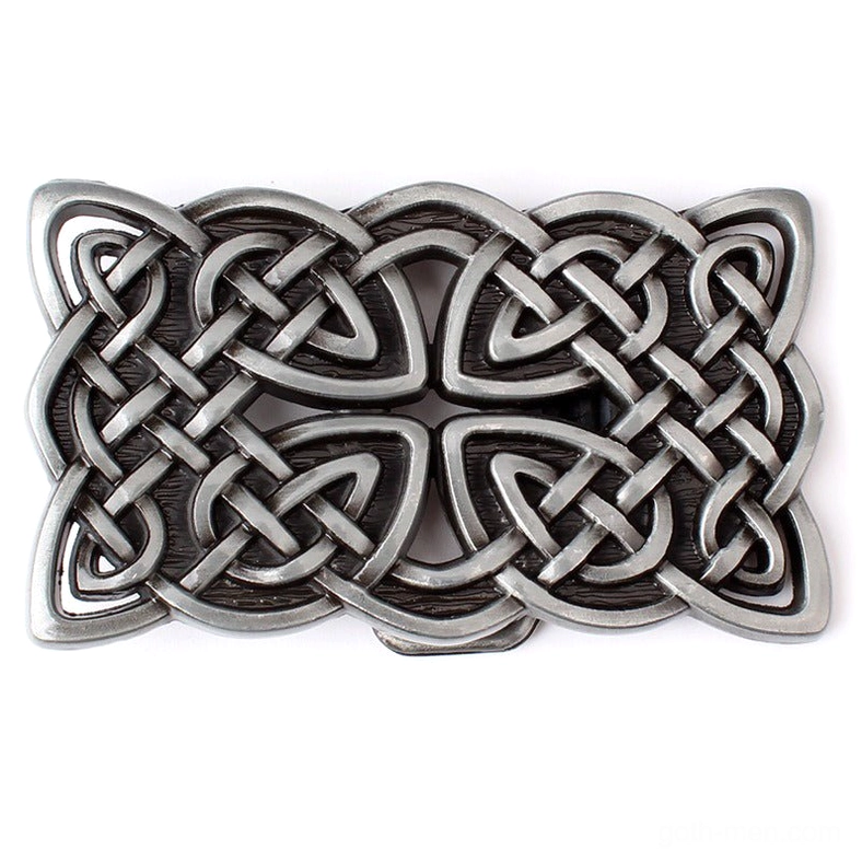 Silver Celtic cross gothic belt buckle with hollowed knot pattern, flat lay top view