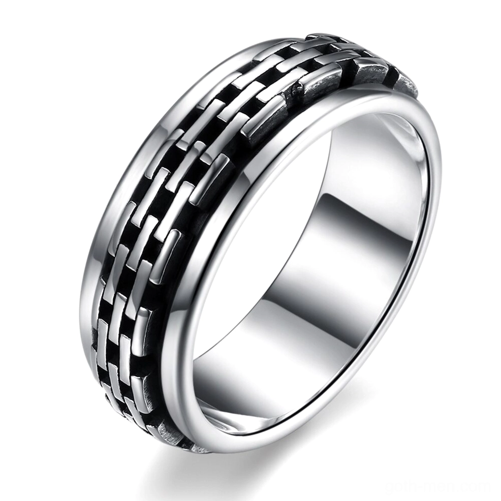 Sterling silver chain link biker ring with black antiqued accents, 3/4 side view showing detailed woven texture and gothic aesthetic