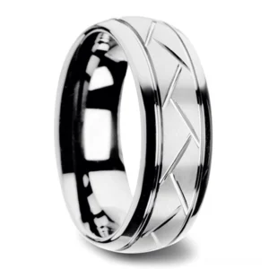 Silver metal chevron zigzag gothic ring with polished rim and textured engraved surface, 3/4 angle shot