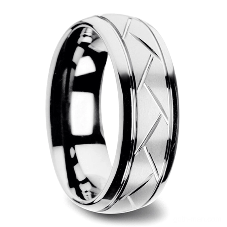 Silver metal chevron zigzag gothic ring with polished rim and textured engraved surface, 3/4 angle shot