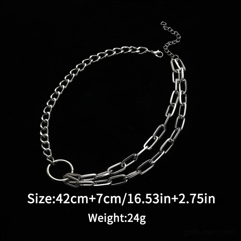 Silver double-layer chain choker flat lay - 42cm adjustable gothic necklace with mixed link texture and circular clasp detail