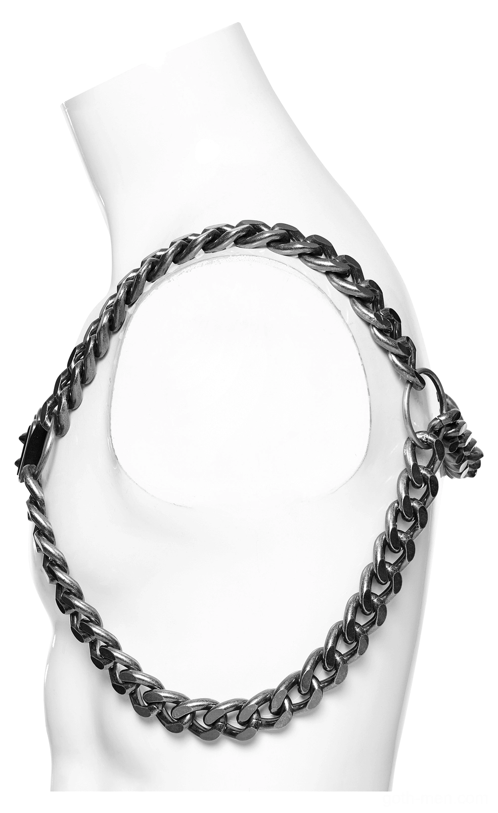 Side angle view of heavy-duty gunmetal curb chain harness mounted on white mannequin showing chain profile