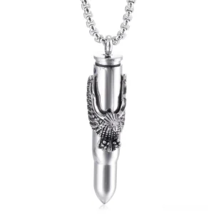 Silver eagle on bullet pendant necklace hanging front view, stainless steel gothic jewelry