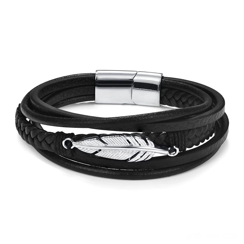 Silver stainless steel feather charm gothic leather bracelet with magnetic hook clasp, layered leather detail